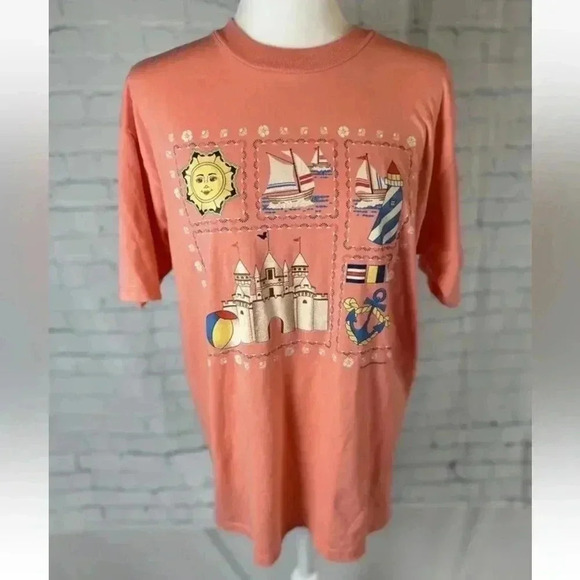 Endless Summer Beach Vintage 90’s T Shirt Sandcastle Sun Sailboat Peach size L - Picture 1 of 12
